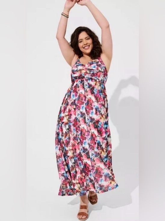 torrid Dresses & Skirts - Torrid Soft Mesh Pleated Maxi Dress multicolor watercolor floral print 1XL